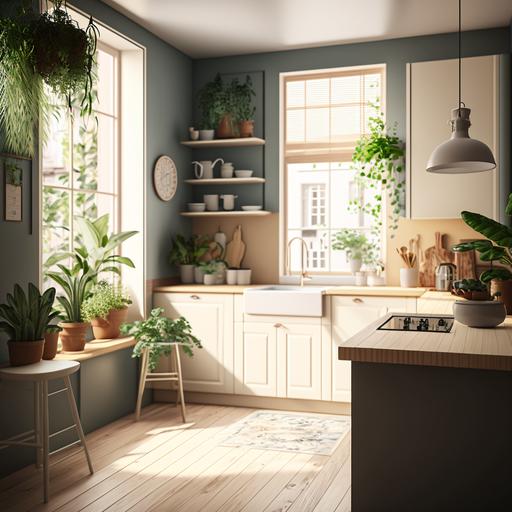 realistic photograph of a kitchen interior. the kitchen has a high ceiling, a kitchen island with a bamboo countertop. the sink is beneath a south-facing window surrounded by plants. the cabinets are plywood and the wall color is warm white.