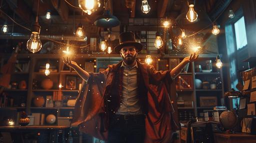 realistic photograph of a man wearing a magician's hat with a superhero cape draped over his shoulders stands at the center of the workshop, surrounded by floating lightbulbs representing ideas. He's holding a computer mouse wand in one hand, and in the other hand, he's casting a spell with sparks flying from his fingertips --ar 16:9