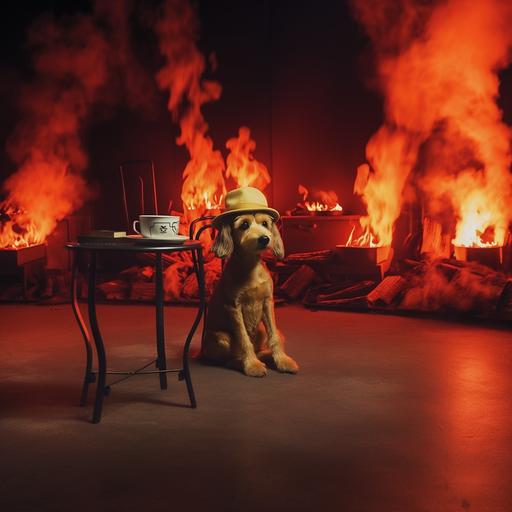 realistic photograph of dog wearing a hat sits calmly on a red chair looking at his coffee cup on a table while the room around him is engulfed in flames, the room is on fire, photorealistic, 4k, colour photograph