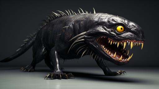 realistic, photographic, a monster in black color, round shape, don't have teeth, yellow eyes, side view, clean background --ar 16:9