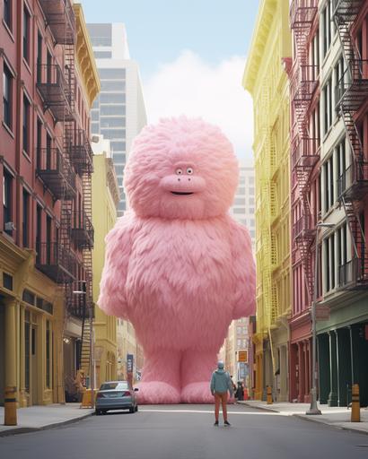 realistic, photography, downtown city, New York City city streets, NYC, tall buildings, giant furry yeti of cotopaxi inflatable balloons, neon pink and yellow, perspective, minimal figures --ar 4:5 --s 150