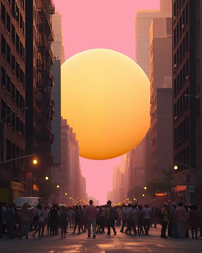realistic, photography, downtown city, New York City city sreets, NYC, tall buildings, giant harvest moon inflatable balloons, neon pink and yellow, perspective, minimal figures --ar 4:5 --s 250