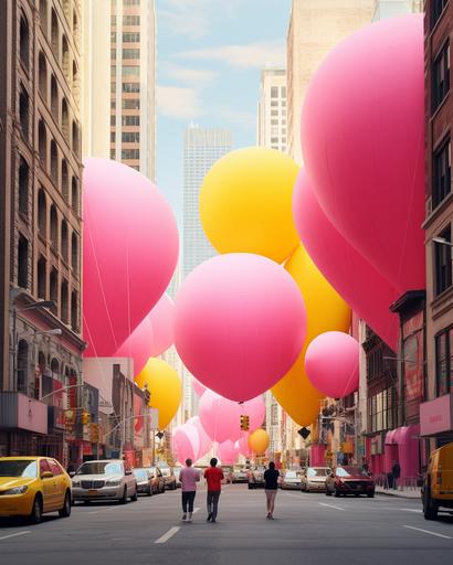 realistic, photography, downtown city, New York City city sreets, NYC, tall buildings, giant schooner-shaped inflatable balloons,neon pink and yellow, perspective, minimal figures --ar 4:5