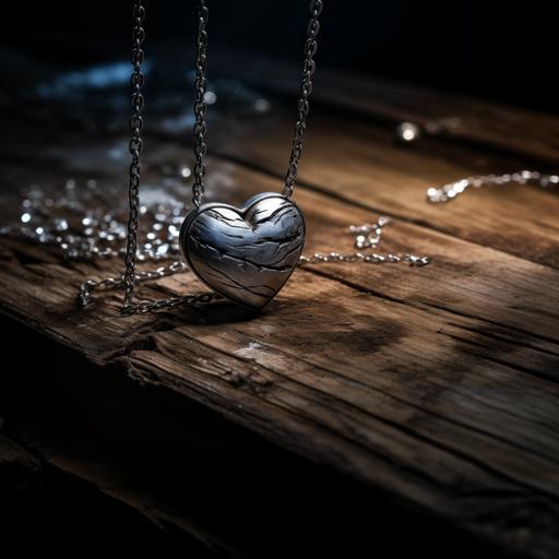 realistic photography, halved silver neckless in heart shape on the wooden table, dark, thriller atmosphere, HQ