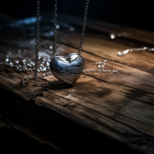 realistic photography, halved silver neckless in heart shape on the wooden table, dark, thriller atmosphere, HQ