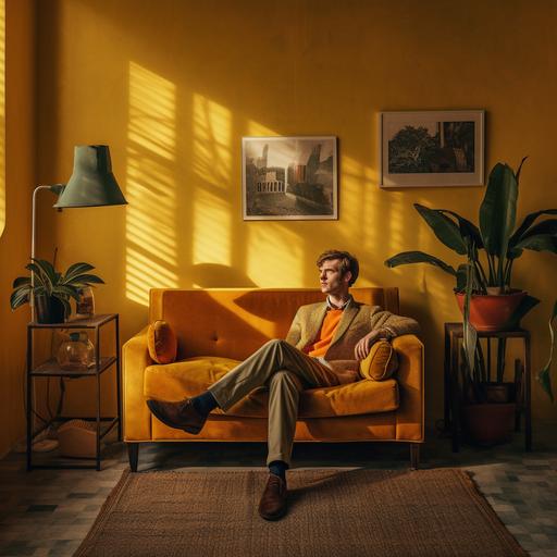 realistic photography of a man sitting on a yellow couch in a living room