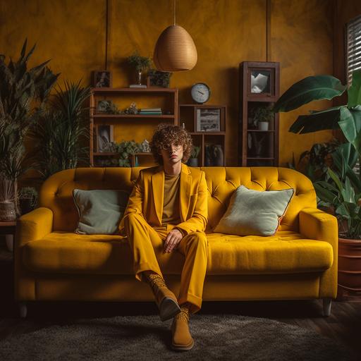 realistic photography of a man sitting on a yellow couch in a living room