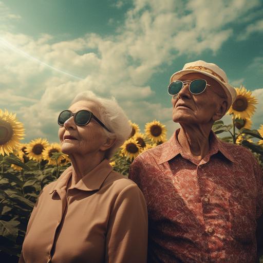 realistic photography old people with sunglasses staring at he sky in the middle of a sunflower field landscape 16mm film texture