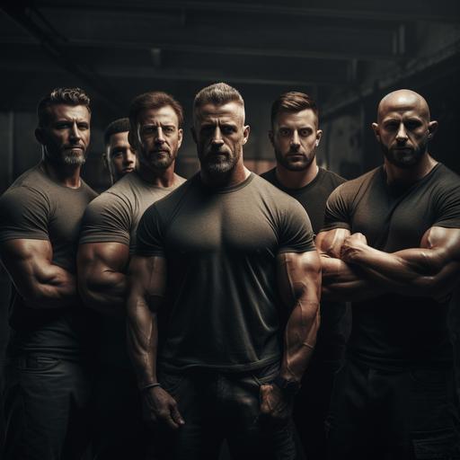 realistic picture of a group of muscular guys, age range 30 to 50, high quality photo