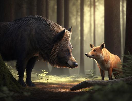 realistic picture of a wild boar with large tusks in a forest talking to a large red fox --ar 4:3