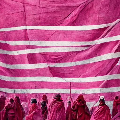 realistic picture of women demonstrating for women rights in the streets of Rome holding pink flags and banners with writings like 