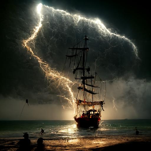 realistic pirate ship sailing cear the beach, hyper realistic, dramatic lightning, rim light