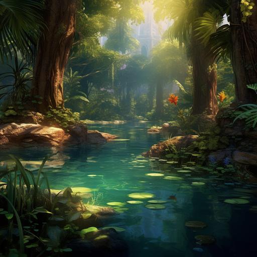 realistic pond in a jungle wallpaper
