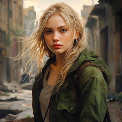 realistic portrait, 18 year old woman, blonde hair, green eyes, hunger games, dystopian city, apocalyptic city, dirty, district 1, mean