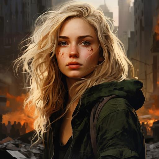 realistic portrait, 18 year old woman, blonde hair, green eyes, hunger games, dystopian city, apocalyptic city, dirty, district 1, mean