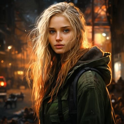 realistic portrait, 18 year old woman, blonde hair, green eyes, hunger games, dystopian city, apocalyptic city, dirty, district 1