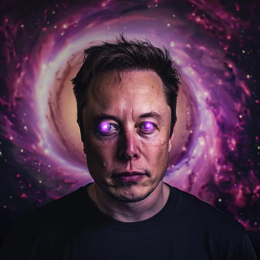 realistic portrait photo of Elon Musk in purple laser eyes, background is a wormhole
