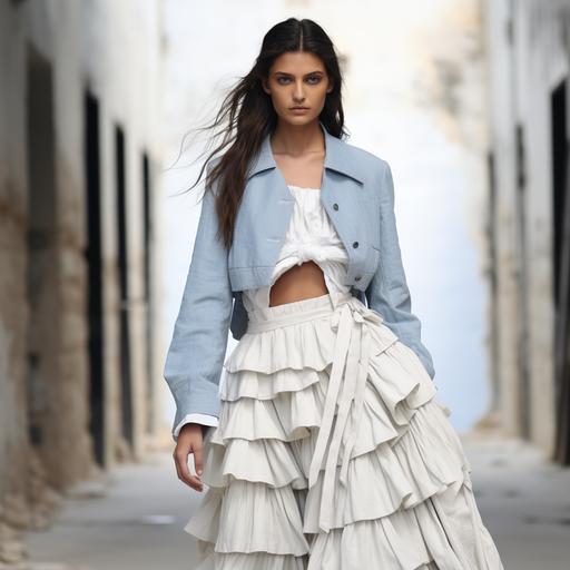 realistic runway outfit with crop top and jacket and large pleated tier skirt in blue and raw white linen