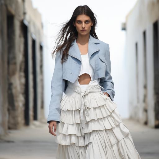 realistic runway outfit with crop top and jacket and large pleated tier skirt in blue and raw white linen