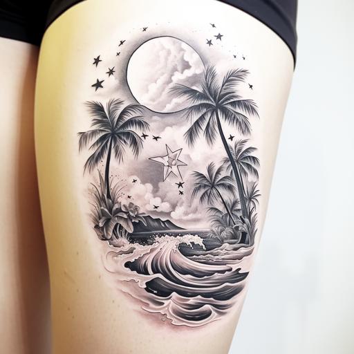 realistic sea tattoo drawing white background .waves star fishes coconut trees