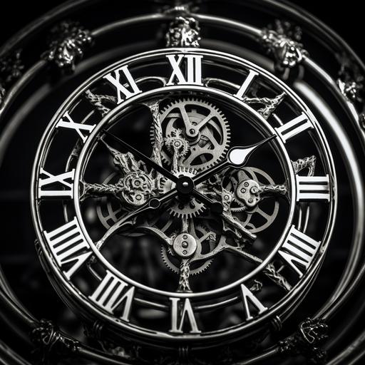 realistic skeleton clock photo. High contrast black and white. --v 5.2