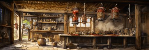 realistic sketch of a 16th century japanese tavern, interior, watercolor style --ar 3:1 --v 5.2