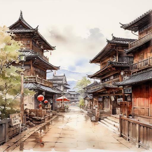 realistic sketch of an edo period japanese town, watercolor style --v 5.2
