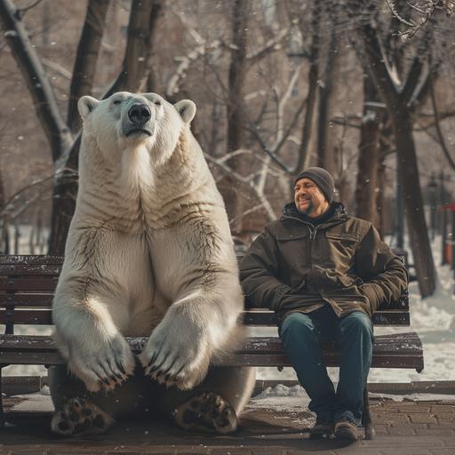 realistic smiling polar bear in spring with a man on a bench