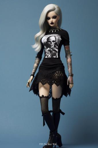 realistic, tattooed barbie, digital animated gothic style outfit,with platform boots,knee length skirt,knee high stockings with leg garters,long sleeve shirt, alternative --ar 2:3 --q 5 --v 5.1 --s 1000