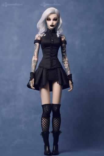 realistic, tattooed barbie, digital animated gothic style outfit,with platform boots,knee length skirt,knee high stockings with leg garters,long sleeve shirt, alternative --ar 2:3 --q 5 --v 5.1 --s 1000