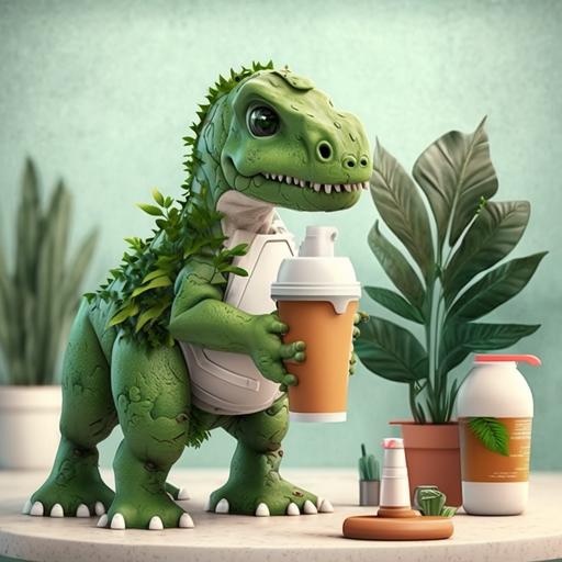 realistic tiny and cute dinosaur with white apron and cold milkshake in hand and wall of green artificial leaves