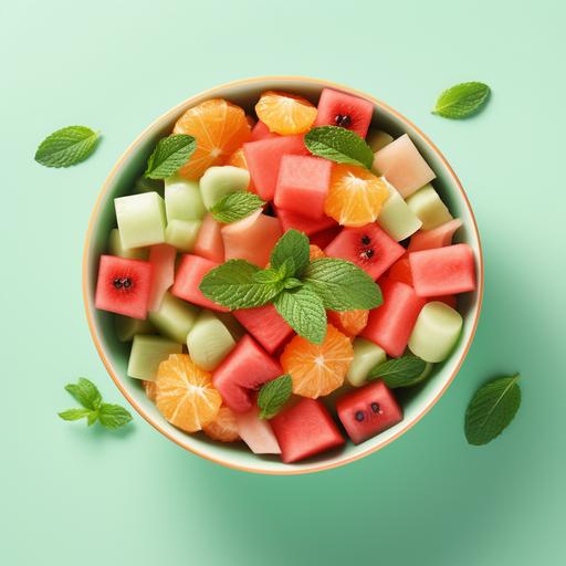realistic top shot of a cut fruits in a bowl. The fruits in the bowl should only include peeled cubes of apple, watermelon, papaya and banana garnished with fresh mint leaves on a pastel green background.
