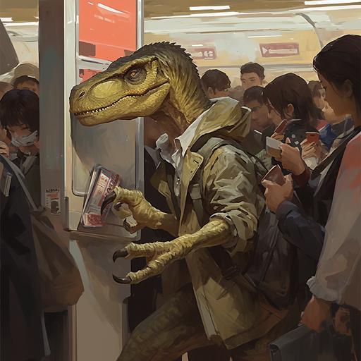 realistic velociraptor trying to buy a subway ticket with a long line of impatient people behind --niji 6