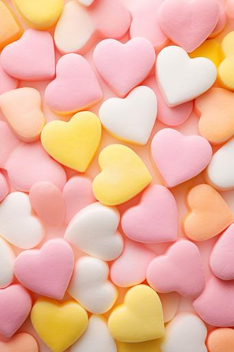 realistic watercolor painting of 10 peachy pink and yellow pastel candy conversation hearts laid flat --style raw --ar 2:3