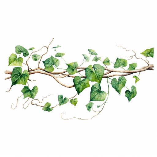 realistic watercolor vines drawing horizontally,leaves only with veins,drawing,white background