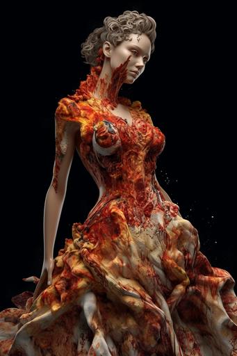 realistic woman, beautiful lady in a haute couture dress of melting pizza, costume design, fluid dynamics, highly detailed, hyperrealistic, ultra detailed, gorgeous body, hot, renaissance, gorgeous neckline, HD, symmetric, 3d, majestic, dark fantasy, intricate, --ar 24:36 --upbeta --q 2 --v 5 --s 750