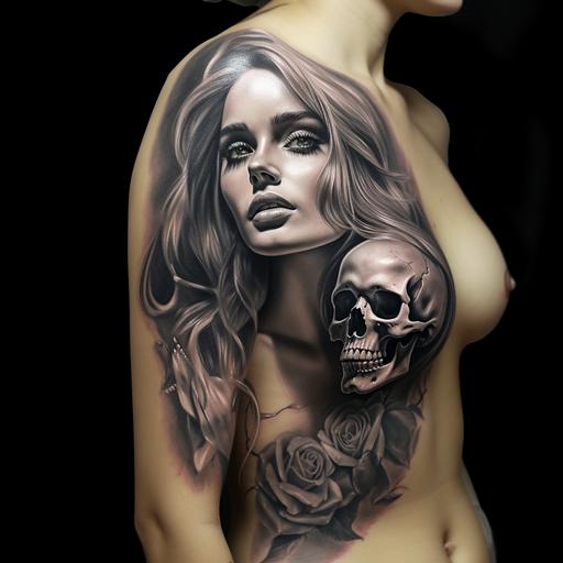realistic woman with skull tattoo design