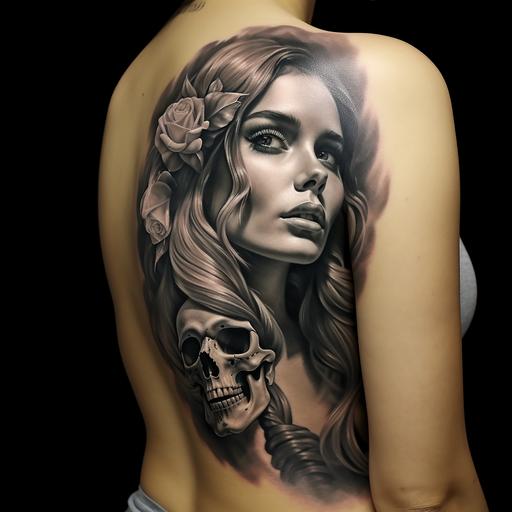 realistic woman with skull tattoo design
