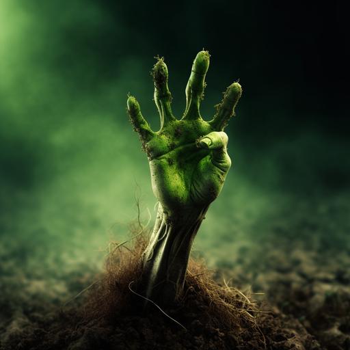 realistic zombie hand coming out of ground with green skin and two fingers in skeleton with dramatic light with simple background --s 750 --v 5.1