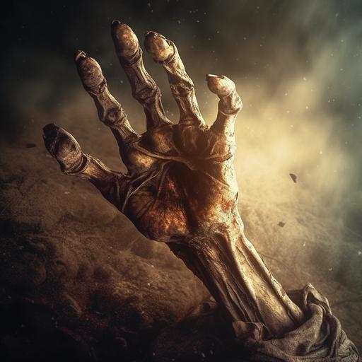 realistic zombie hand coming out of ground with two fingers in skeleton with dramatic light with simple background --s 750 --v 5.1