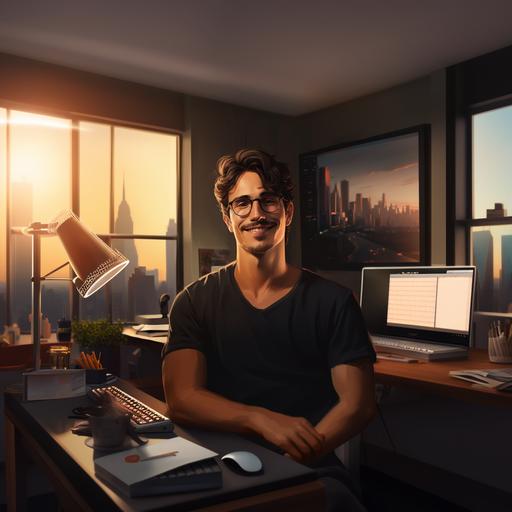 realistic. young, skinny, smiling man with mustache and glasses. working in an office. wearing a black t-shirt