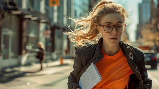 realistsic photo of a 20yr ols woman, blonde hair, orange shirt, black jacket, glasses running down street with paperwork in hand --ar 16:9