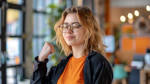 realistsic photo, profile of a 20yr old woman, blonde hair, orange shirt, black jacket, glasses at modern office doing a celebratory fist pump --ar 16:9