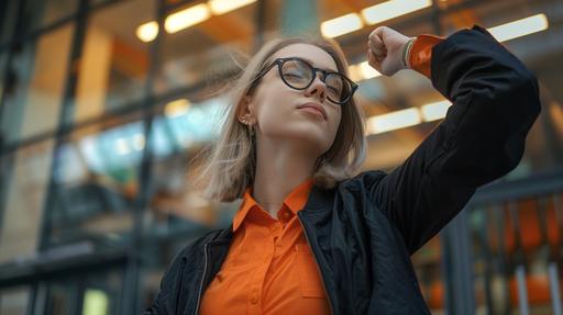 realistsic photo, profile of a 20yr old woman, blonde hair, orange shirt, black jacket, glasses at modern office doing a celebratory fist pump --ar 16:9