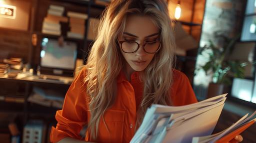realistsic street style photo, of a 20yr old woman, blonde hair, orange shirt, glasses at modern office picking up a stack of papers from a desk --ar 16:9