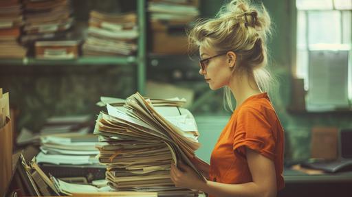 realistsic street style photo, profile of a 20yr old woman, blonde hair, orange shirt, glasses at modern office picking up a large stack of papers from a desk --ar 16:9