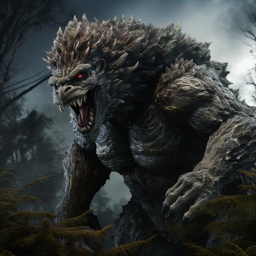 reate a hyper-realistic, highly detailed image depicting the result of a genetic experiment where Godzilla is crossbred with King Kong, resulting in a hairy creature. Showcase the full body of this hybrid within a dense forest setting. Capture the intricate details of the creature's anatomy, emphasizing realistic textures, fur patterns, and the combination of features inherited from both iconic monsters. Ensure the lighting is both natural and dramatic, casting dynamic shadows and highlights to enhance the realism of the scene. Utilize high-resolution rendering techniques to bring out the fine nuances of the forest environment and the hybrid creature's features. The image should be a visually compelling representation of the fantastical outcome of this unique genetic experiment, blending the characteristics of Godzilla and King Kong in a hyper-realistic manner.