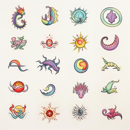 reate a tattoo flash sheets with colored stick and poke tattoo designs. The tattoos must be relatively simple with minimal shading. No complex designs. Let your imagination run wild by designing a collection of stick and poke tattoos featuring whimsical creatures like unicorns, dragons, and mermaids, rendered in a kaleidoscope of colors to enhance their fantastical appeal.
