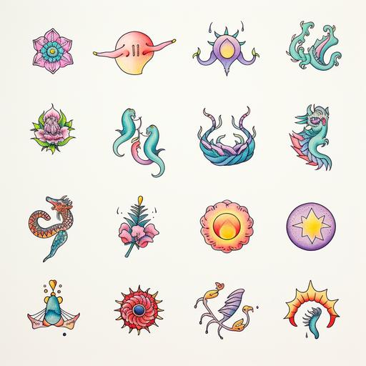 reate a tattoo flash sheets with colored stick and poke tattoo designs. The tattoos must be relatively simple with minimal shading. No complex designs. Let your imagination run wild by designing a collection of stick and poke tattoos featuring whimsical creatures like unicorns, dragons, and mermaids, rendered in a kaleidoscope of colors to enhance their fantastical appeal.