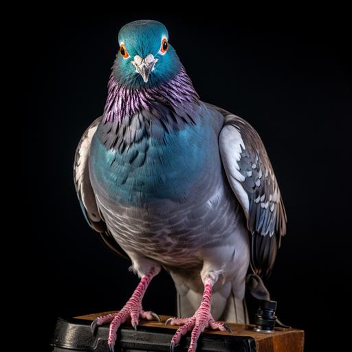 A racing pigeon is perched on a high stool, with one leg crossed and the other naturally dangling. The pigeon, adorned with a camera around its neck, is looking directly into the camera. The background is pure white, and the pigeon's feathers mimic the attire of a professional photographer, with color accents resembling jeans. The legs of the pigeon are visible and uncovered.